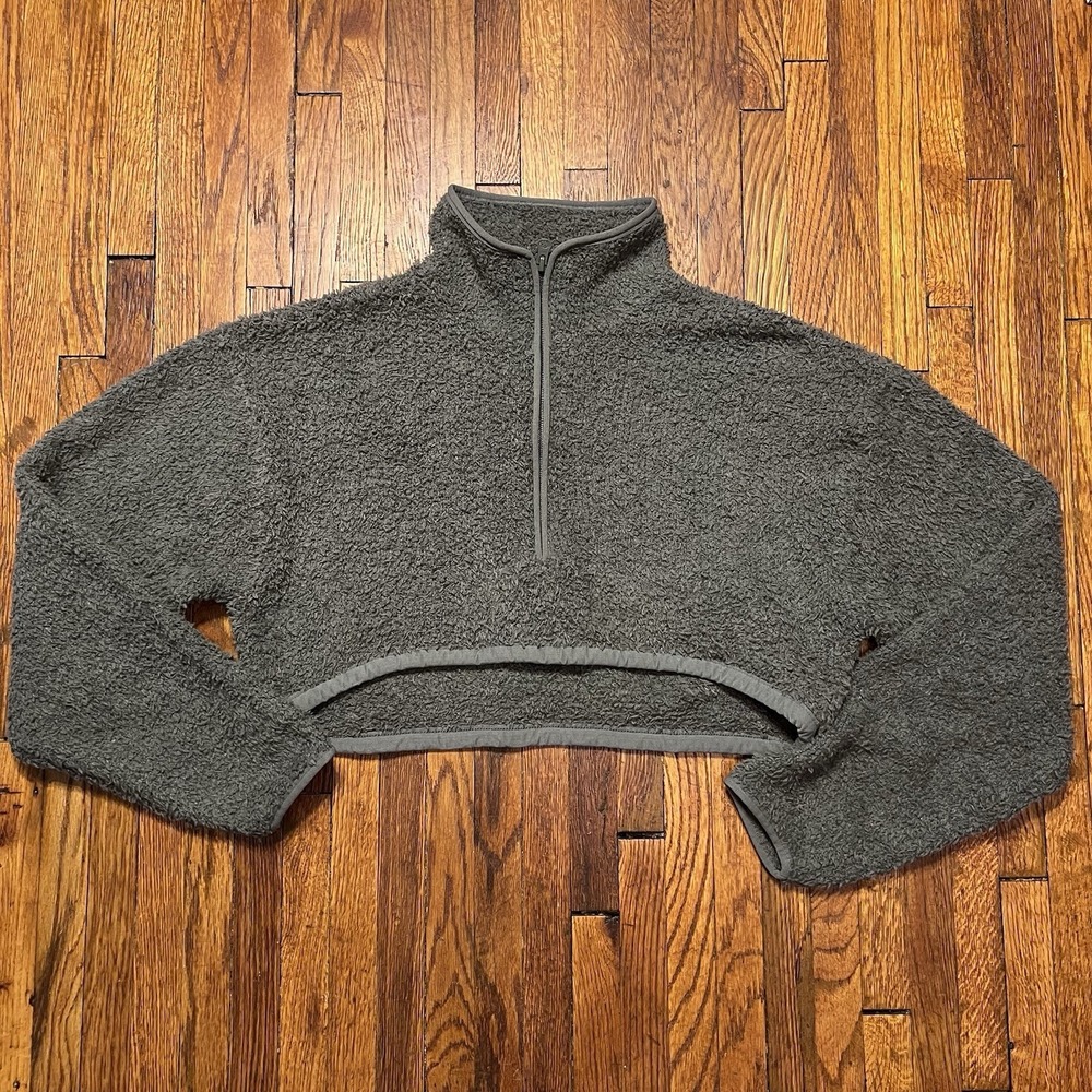 Skims Women's Cropped Sherpa Fleece Quarter Zip Pullover Charcoal Green Size S/M